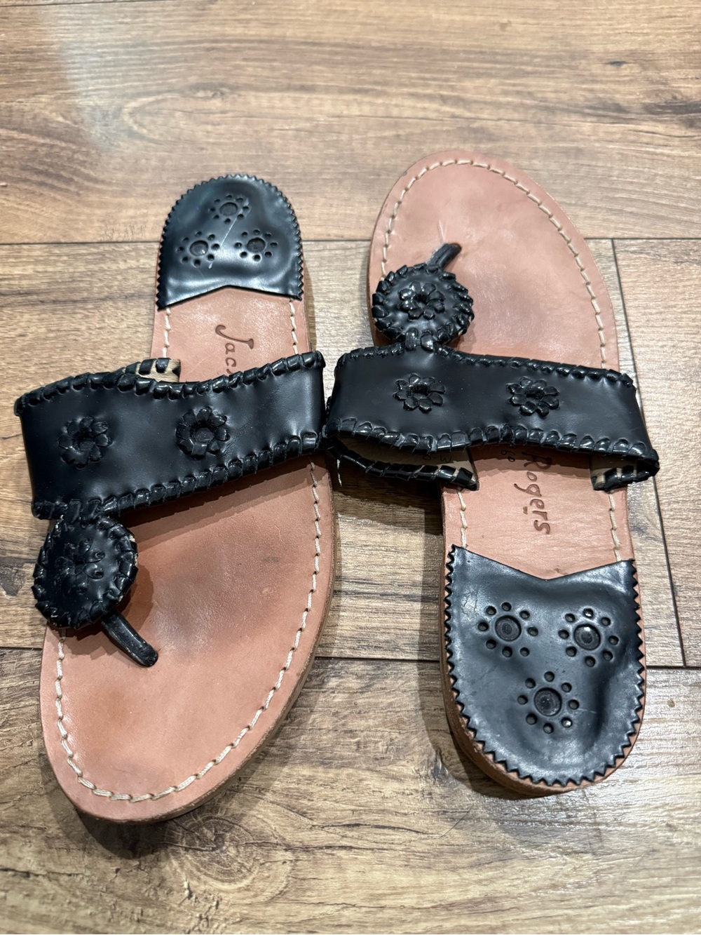 Jack Rogers Black Leather Rondelle Slide Sandals